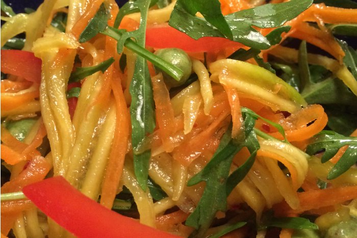 Thai style zingy mango, carrot, tomato and rocket salad  - Refreshing salad with a lime, chilli, sesame oil and a hint of soy sauce dressing