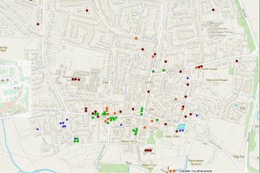 Eynsham Swift Survey, July 2021 - green = known nest sites; orange = previous nest sites; maroon = nest boxes (unoccupied); blue = house martin nests; cyan = swallow nests - Photographer Sarah Couch